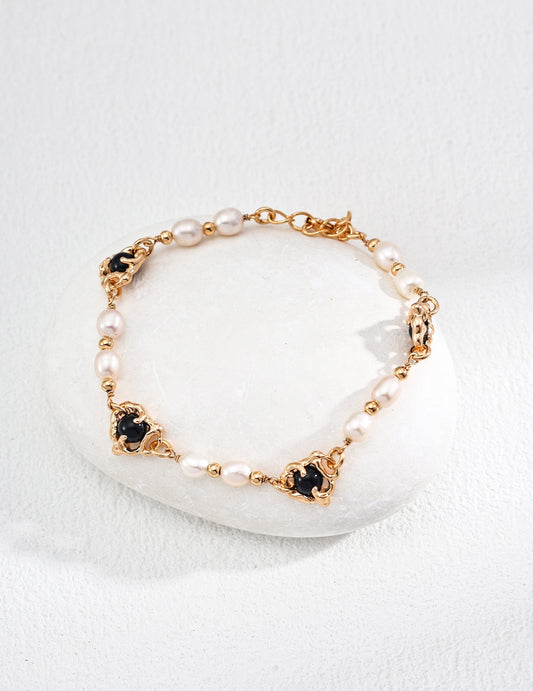 S925 silver retro natural pearl black agate bracelet